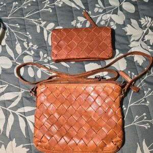 Woven Vilenca Leather Crossbody Bag and Wallet Set #A